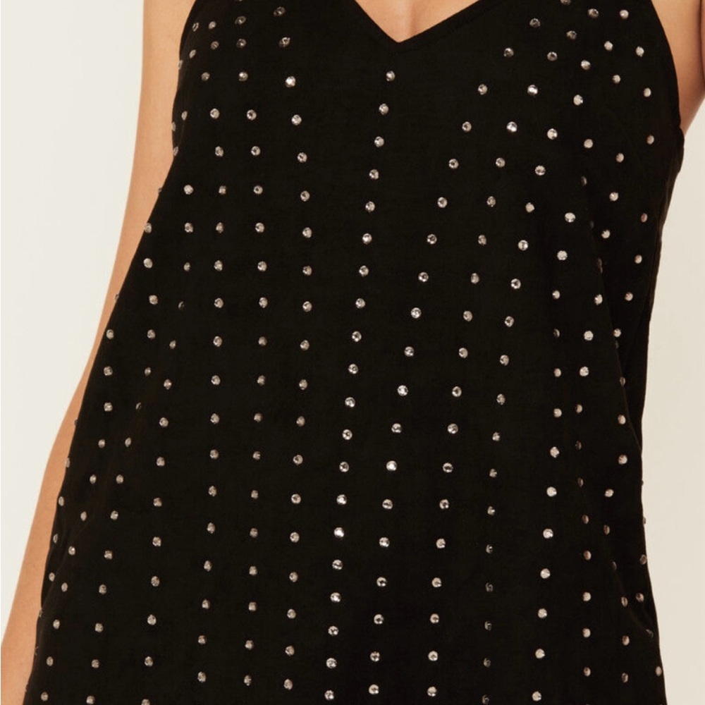 Black suede tank top with adjustable straps and rhinestones